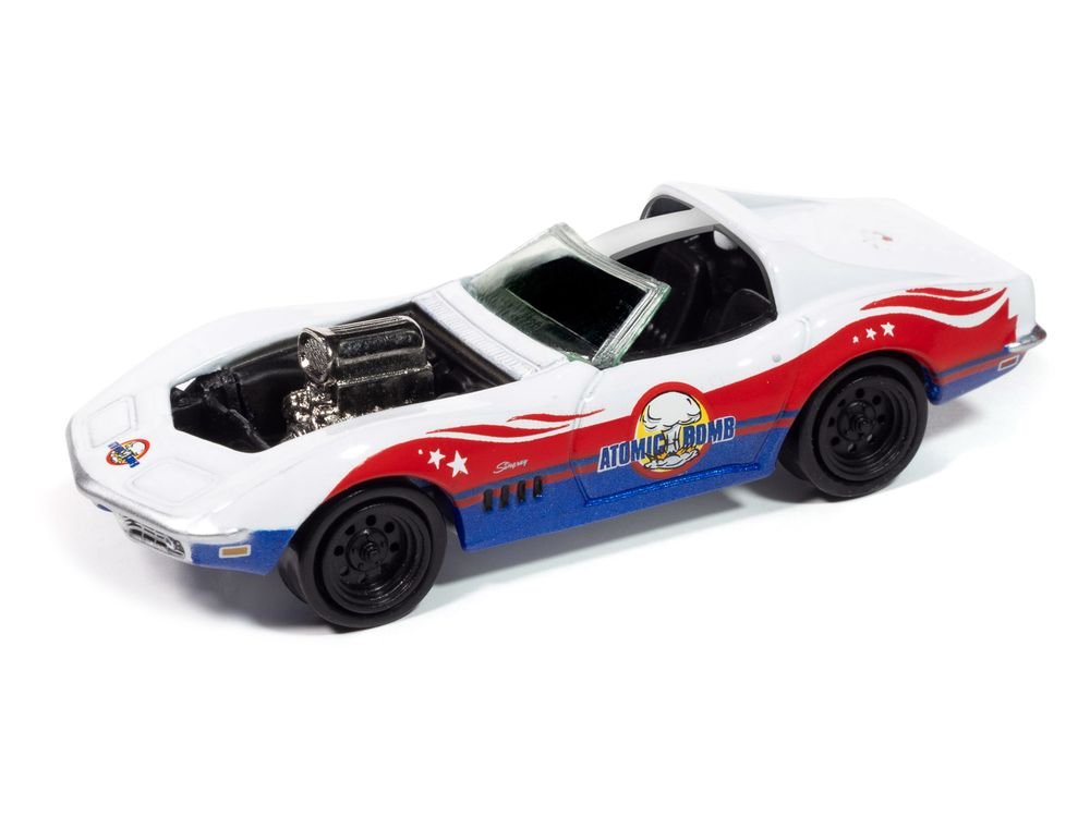 1969 Chevrolet Corvette "Atomic Bomb" White with Red and Blue Graphics "Stuntman Mike's Ride Along Racing" "Pop Culture" 2025 Release 1 1/64 Diecast Model Car by Johnny Lightning view 2