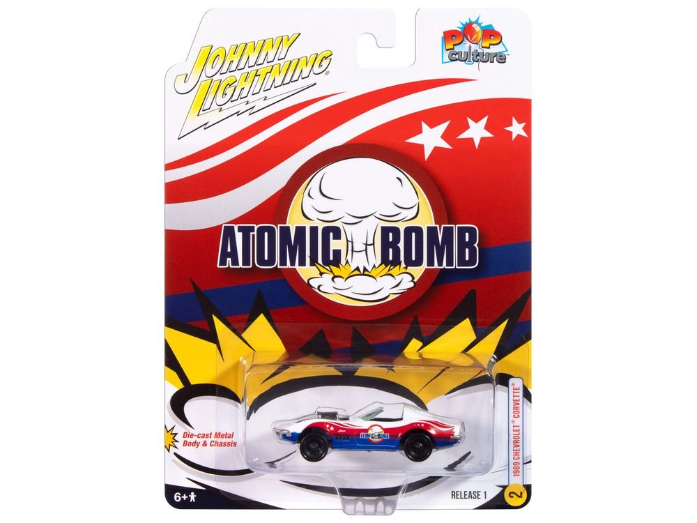 1969 Chevrolet Corvette "Atomic Bomb" White with Red and Blue Graphics "Stuntman Mike's Ride Along Racing" "Pop Culture" 2025 Release 1 1/64 Diecast Model Car by Johnny Lightning view 3