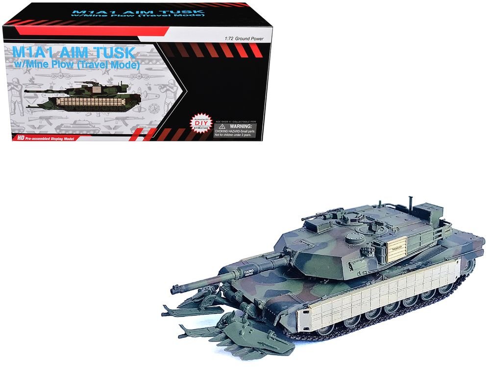 United States M1A1 AIM TUSK (Tank Urban Survival Kit) with Mine Plow (Travel Mode) "United States Marine Corps 8th Tank Battalion II MED Iraq" (2003) Green Camouflage "NEO Dragon Armor" Series 1/72 Plastic Model by Dragon Models