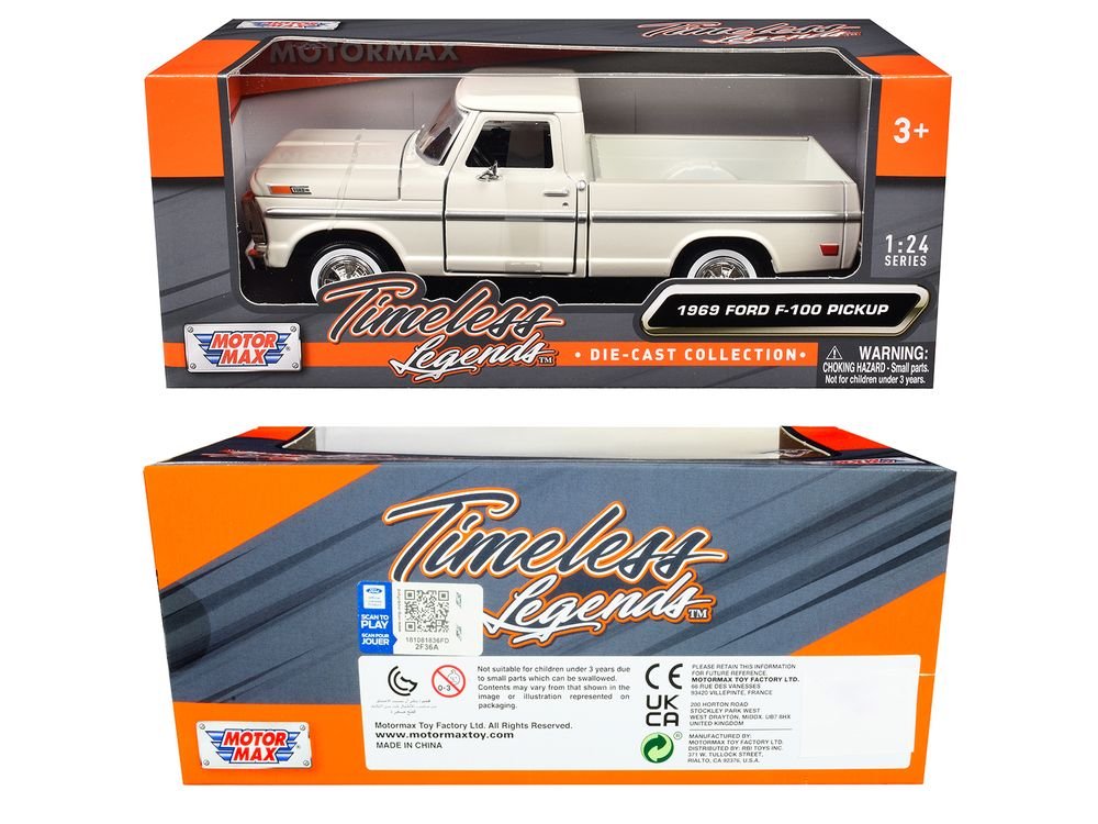 1969 Ford F-100 Pickup Truck Cream "Timeless Legends" Series 1/24 Diecast Model Car by Motormax view 3