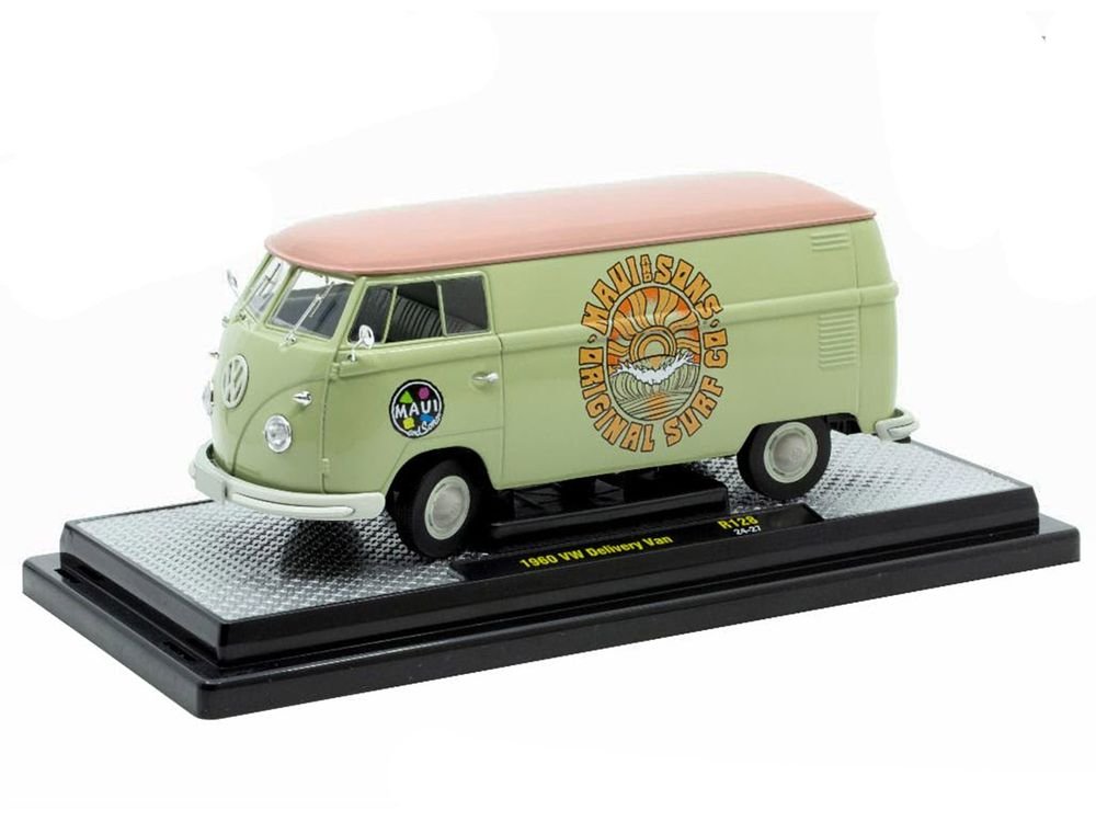 1960 Volkswagen Delivery Van "Maui & Sons" Light Olive Green with Salmon Top Limited Edition to 6650 pieces Worldwide 1/24 Diecast Model Car by M2 Machines view 2