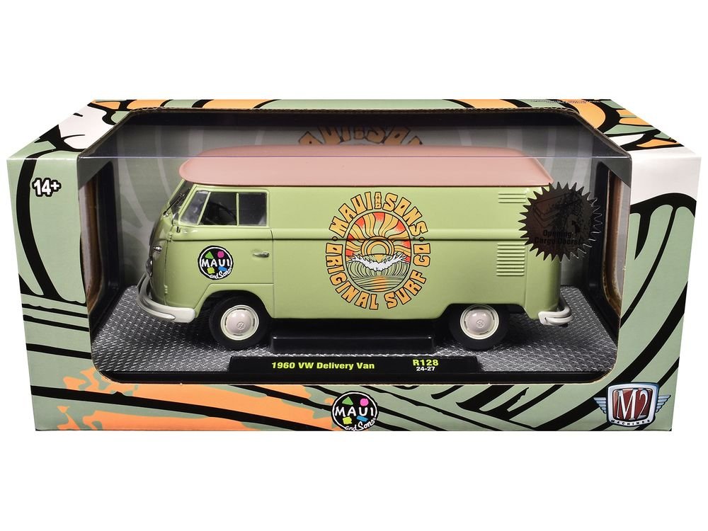 1960 Volkswagen Delivery Van "Maui & Sons" Light Olive Green with Salmon Top Limited Edition to 6650 pieces Worldwide 1/24 Diecast Model Car by M2 Machines view 3