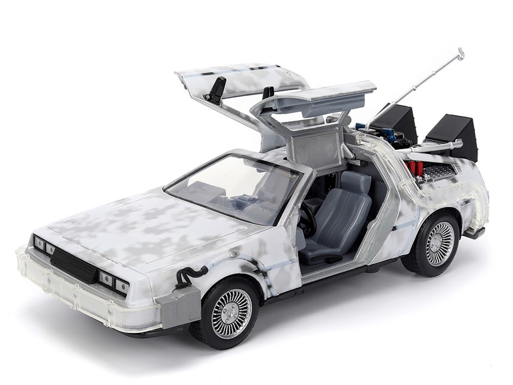 DMC DeLorean Time Machine Brushed Metal (Frost Version) with Lights "Back to the Future" (1985) Movie "Hollywood Rides" Series 1/24 Diecast Model Car by Jada view 2