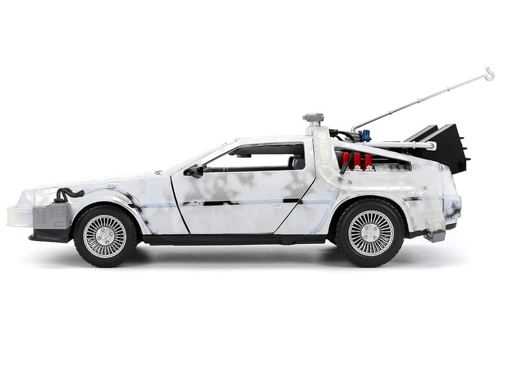 DMC DeLorean Time Machine Brushed Metal (Frost Version) with Lights "Back to the Future" (1985) Movie "Hollywood Rides" Series 1/24 Diecast Model Car by Jada view 3