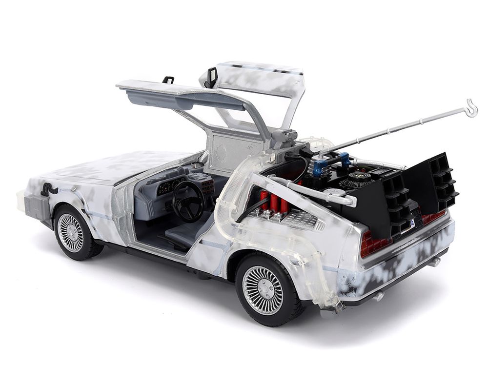 DMC DeLorean Time Machine Brushed Metal (Frost Version) with Lights "Back to the Future" (1985) Movie "Hollywood Rides" Series 1/24 Diecast Model Car by Jada view 4