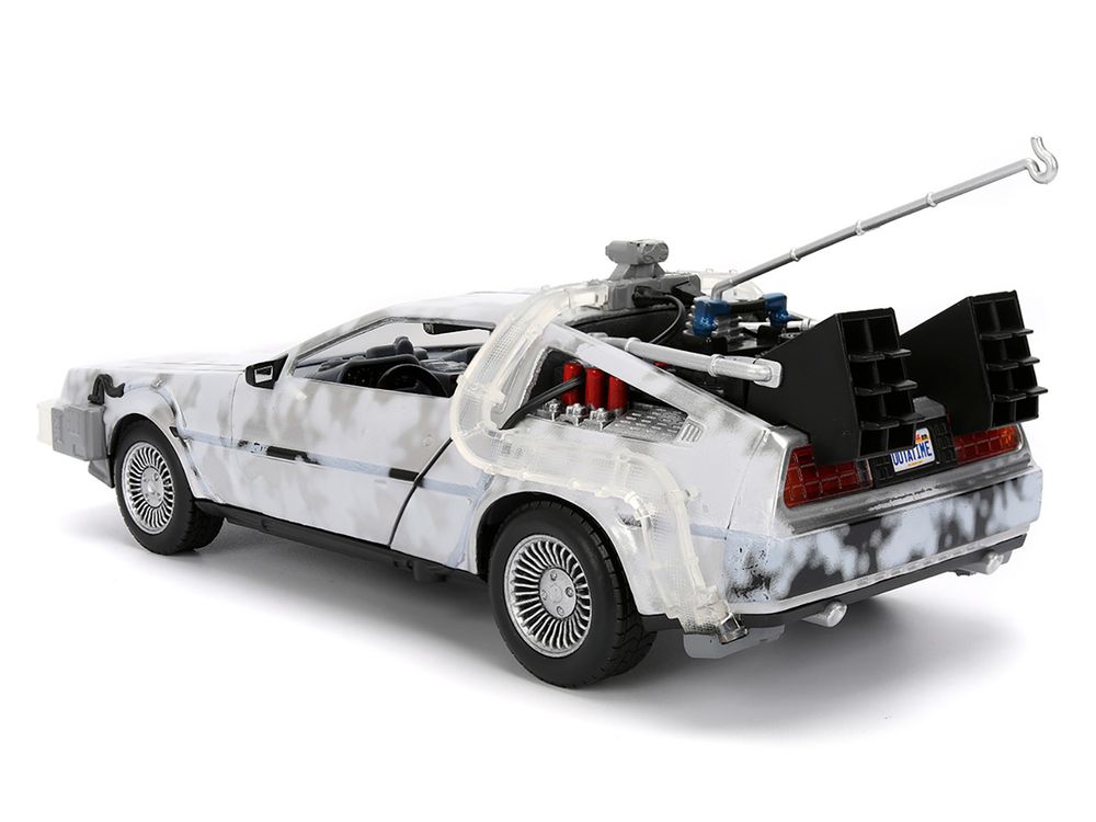 DMC DeLorean Time Machine Brushed Metal (Frost Version) with Lights "Back to the Future" (1985) Movie "Hollywood Rides" Series 1/24 Diecast Model Car by Jada view 5