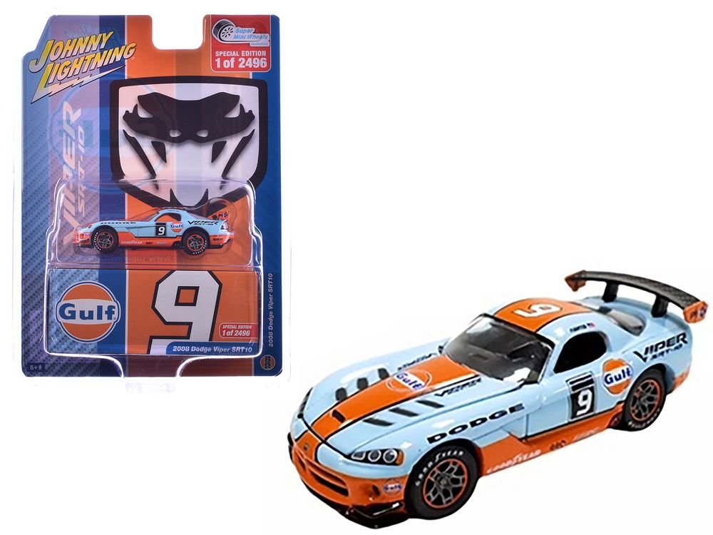 2008 Dodge Viper SRT10 #9 "Gulf Oil" Light Blue and Orange Limited Edition to 2496 pieces Worldwide 1/64 Diecast Model Car by Johnny Lightning