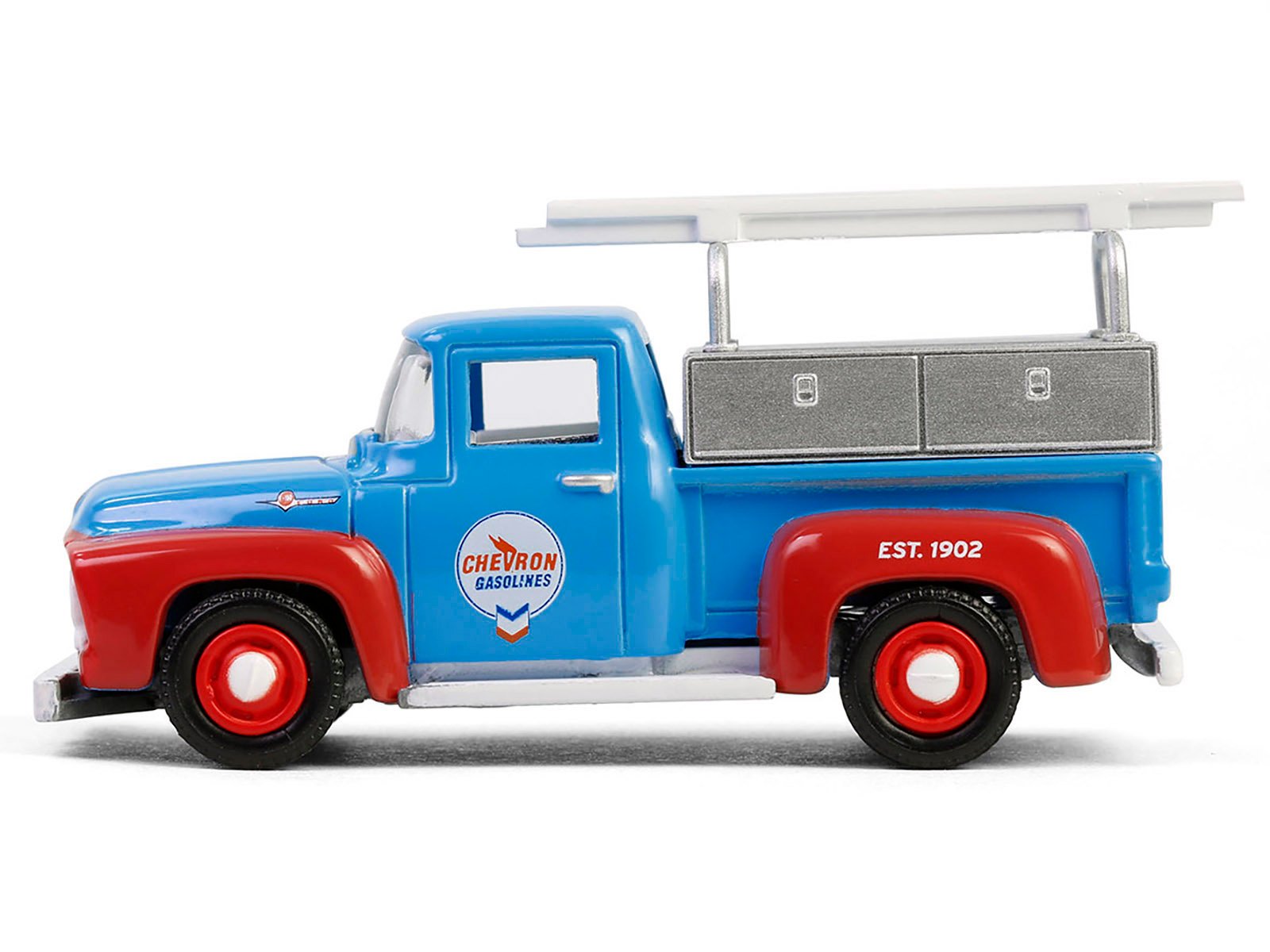 1956 Ford F-100 Pickup Truck with Tool Boxes and Ladders "Chevron" Blue and Red "Chevron Special Edition" Series 1 1/64 Diecast Model Car by Greenlight view 2