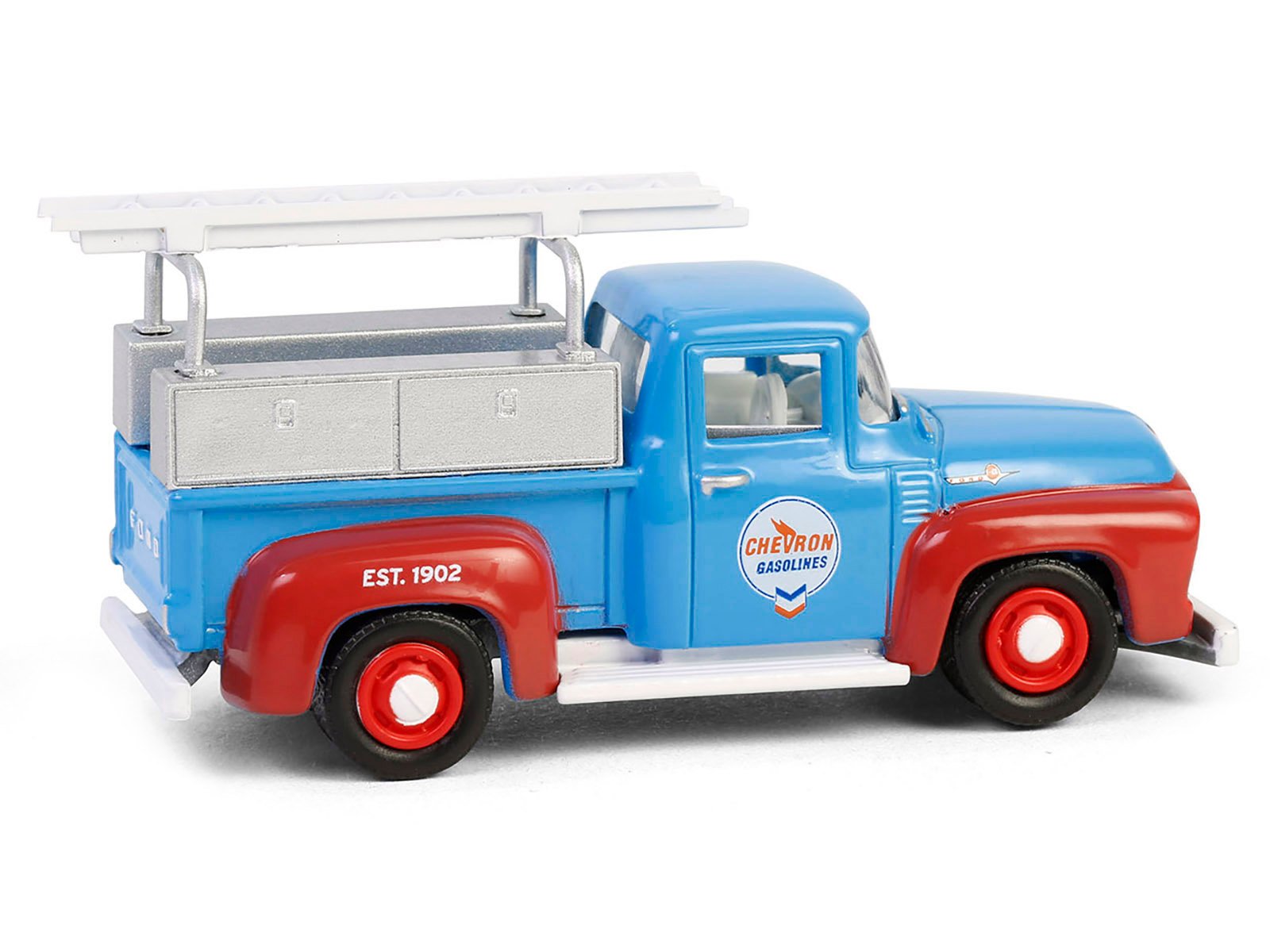 1956 Ford F-100 Pickup Truck with Tool Boxes and Ladders "Chevron" Blue and Red "Chevron Special Edition" Series 1 1/64 Diecast Model Car by Greenlight view 3