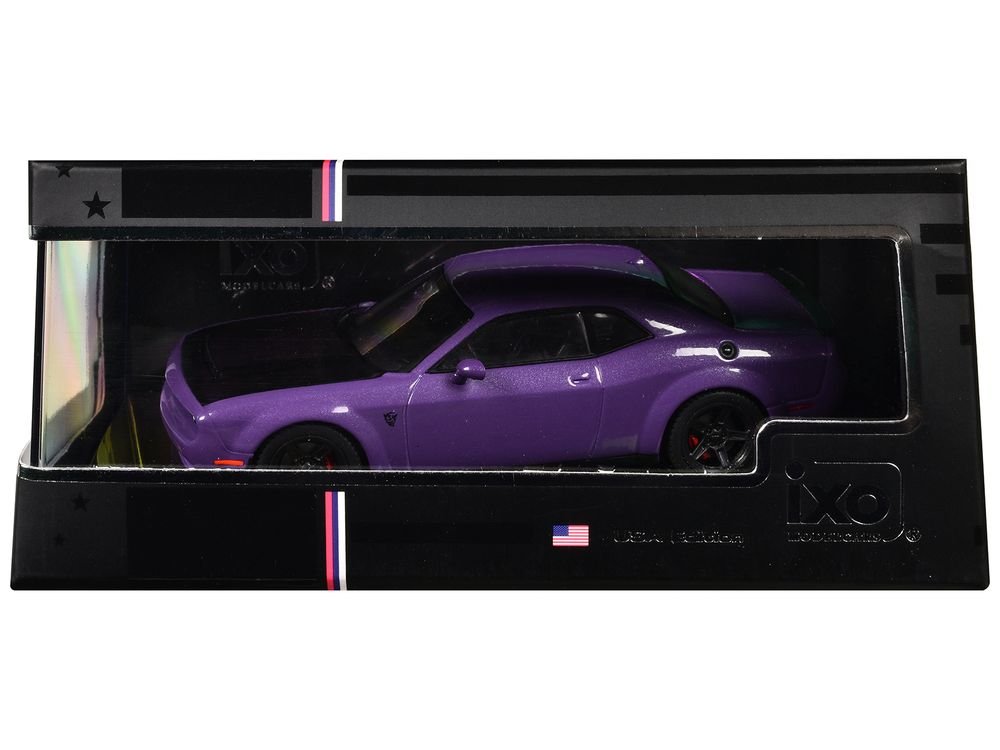2018 Dodge Challenger SRT Demon Plum Crazy Metallic with Matt Black Hood 1/43 Diecast Model Car by IXO Models view 3