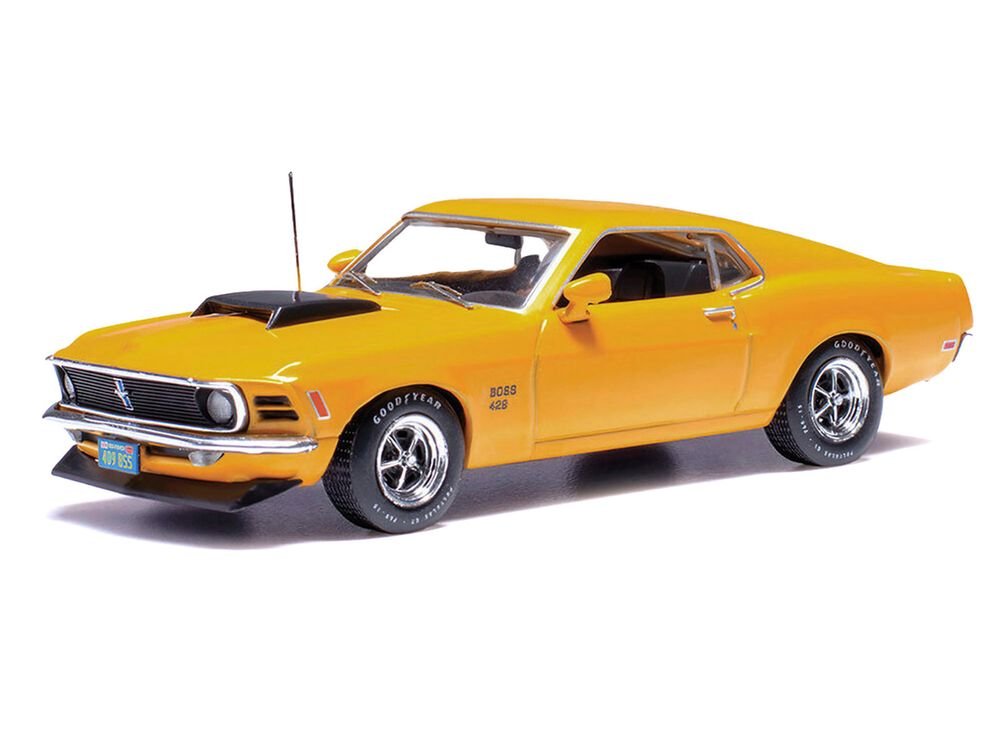 1970 Ford Mustang Boss 429 Bright Yellow with Black Hood Scoop 1/43 Diecast Model Car by IXO Models view 2