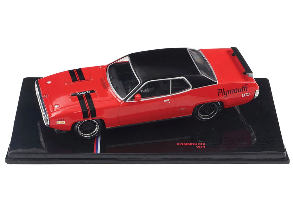 1971 Plymouth GTX Rally Red with Black Top and Stripes 1/43 Diecast Model by IXO Models view 3
