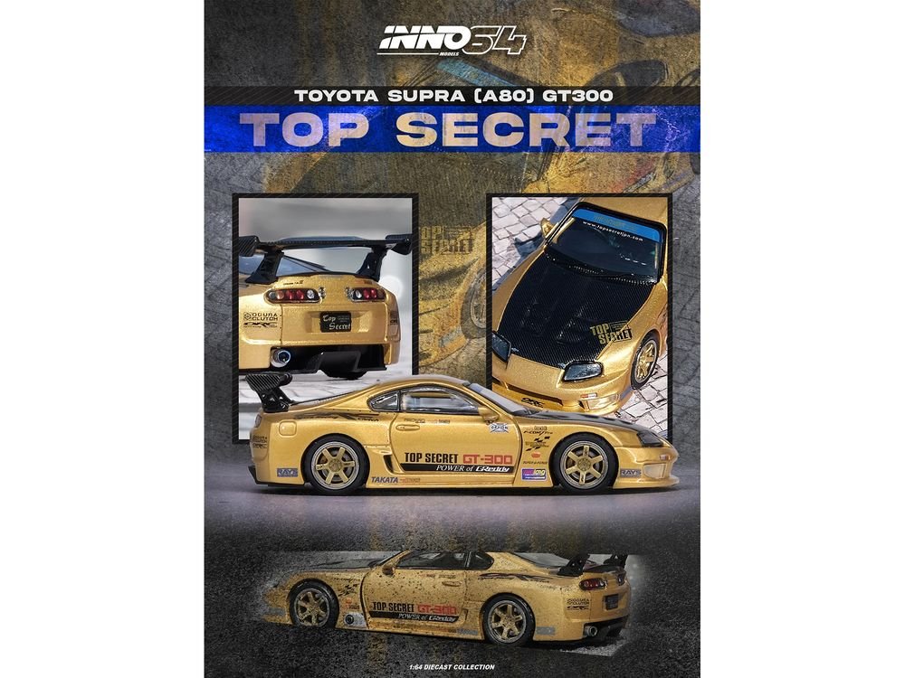 Toyota Supra (A80) "Top Secret" GT300 RHD (Right Hand Drive) Gold Metallic with Carbon Hood 1/64 Diecast Model Car by Inno Models view 3