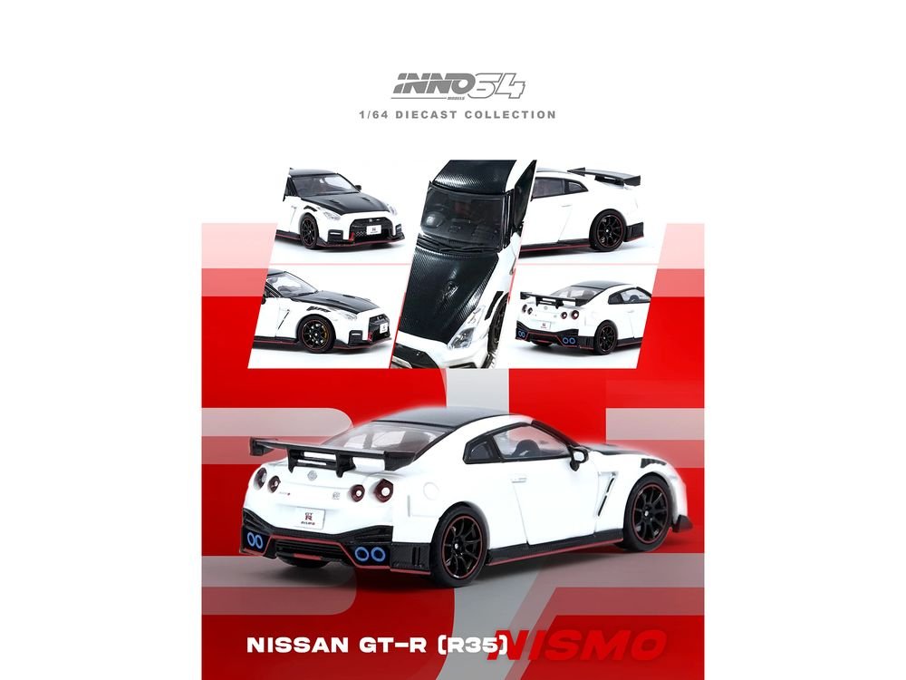 Nissan GT-R (R35) Nismo RHD (Right Hand Drive) White with Carbon Hood and Top 1/64 Diecast Model Car by Inno Models view 4