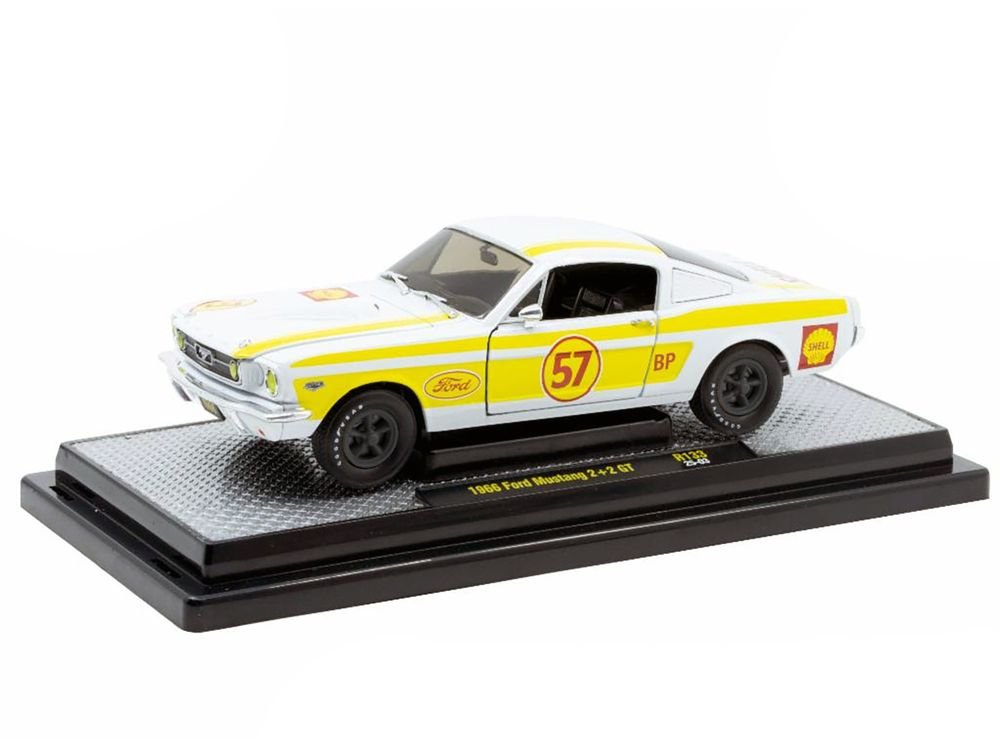1966 Ford Mustang 2+2 GT #57 "Shell Oil" White with Yellow Stripes Limited Edition to 5650 pieces Worldwide 1/24 Diecast Model Car by M2 Machines view 2