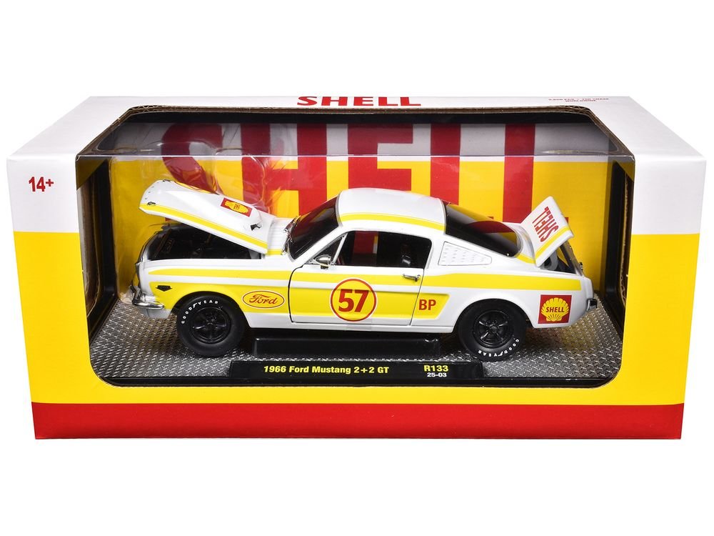 1966 Ford Mustang 2+2 GT #57 "Shell Oil" White with Yellow Stripes Limited Edition to 5650 pieces Worldwide 1/24 Diecast Model Car by M2 Machines view 3