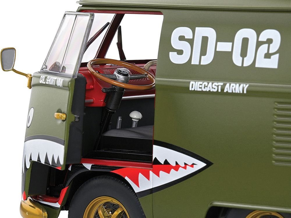 1950 Volkswagen Kool Kombi Van with Trailer "Army Fighter" Green with Graphics 1/18 Diecast Model Car by Solido view 2