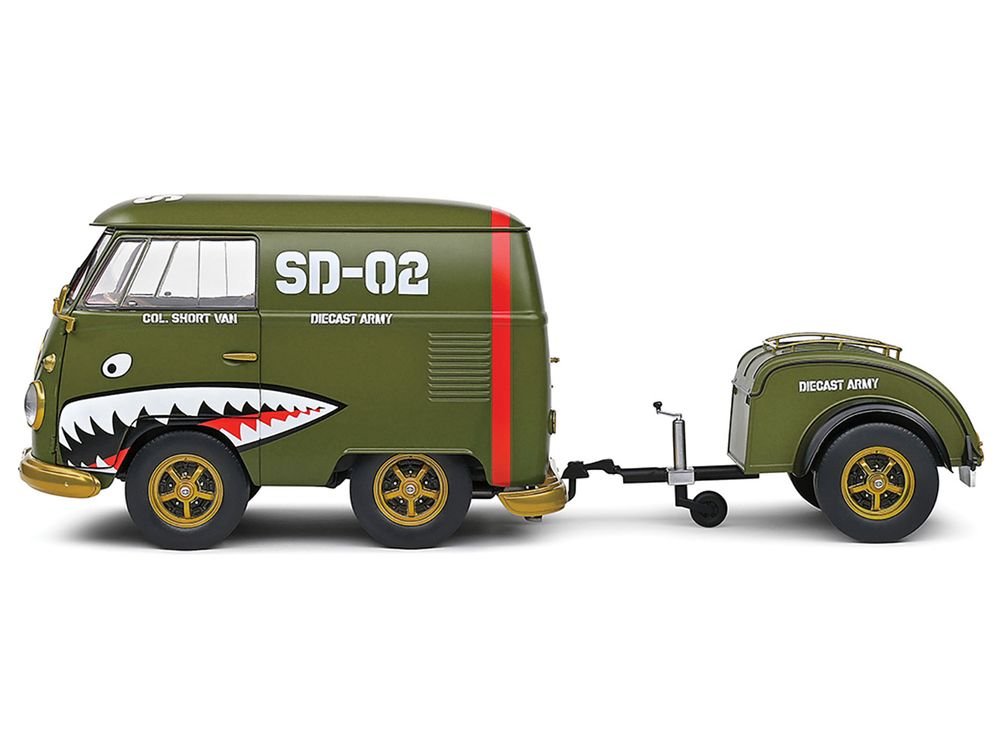 1950 Volkswagen Kool Kombi Van with Trailer "Army Fighter" Green with Graphics 1/18 Diecast Model Car by Solido view 3