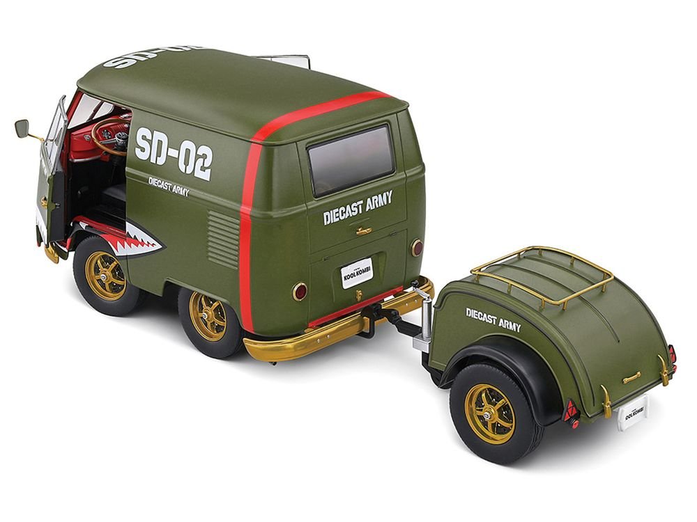 1950 Volkswagen Kool Kombi Van with Trailer "Army Fighter" Green with Graphics 1/18 Diecast Model Car by Solido view 4