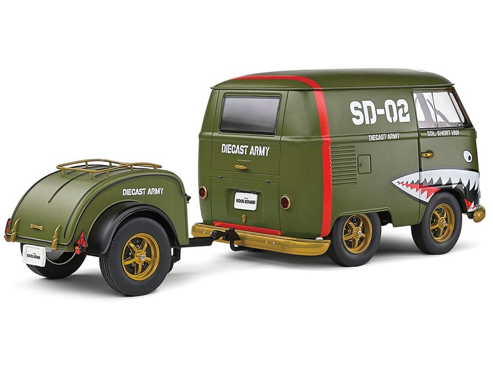 1950 Volkswagen Kool Kombi Van with Trailer "Army Fighter" Green with Graphics 1/18 Diecast Model Car by Solido view 5