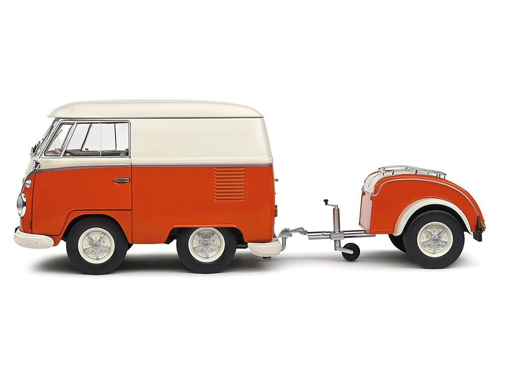 1950 Volkswagen Kool Kombi Van with Trailer Orange and White 1/18 Diecast Model Car by Solido view 3