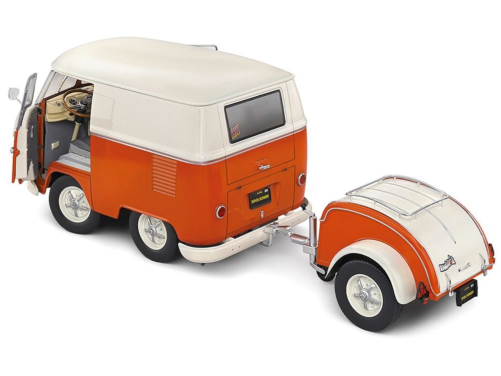 1950 Volkswagen Kool Kombi Van with Trailer Orange and White 1/18 Diecast Model Car by Solido view 4