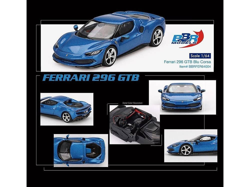 Ferrari 296 GTB Blue Corsa 1/64 Diecast Model Car by BBR view 3