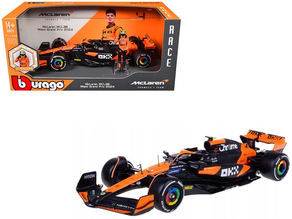 McLaren MCL38 #4 Lando Norris "OKX" Winner Formula One F1 "Miami GP" (2024) with Driver Figure "Race" Series 1/24 Diecast Model Car by Bburago