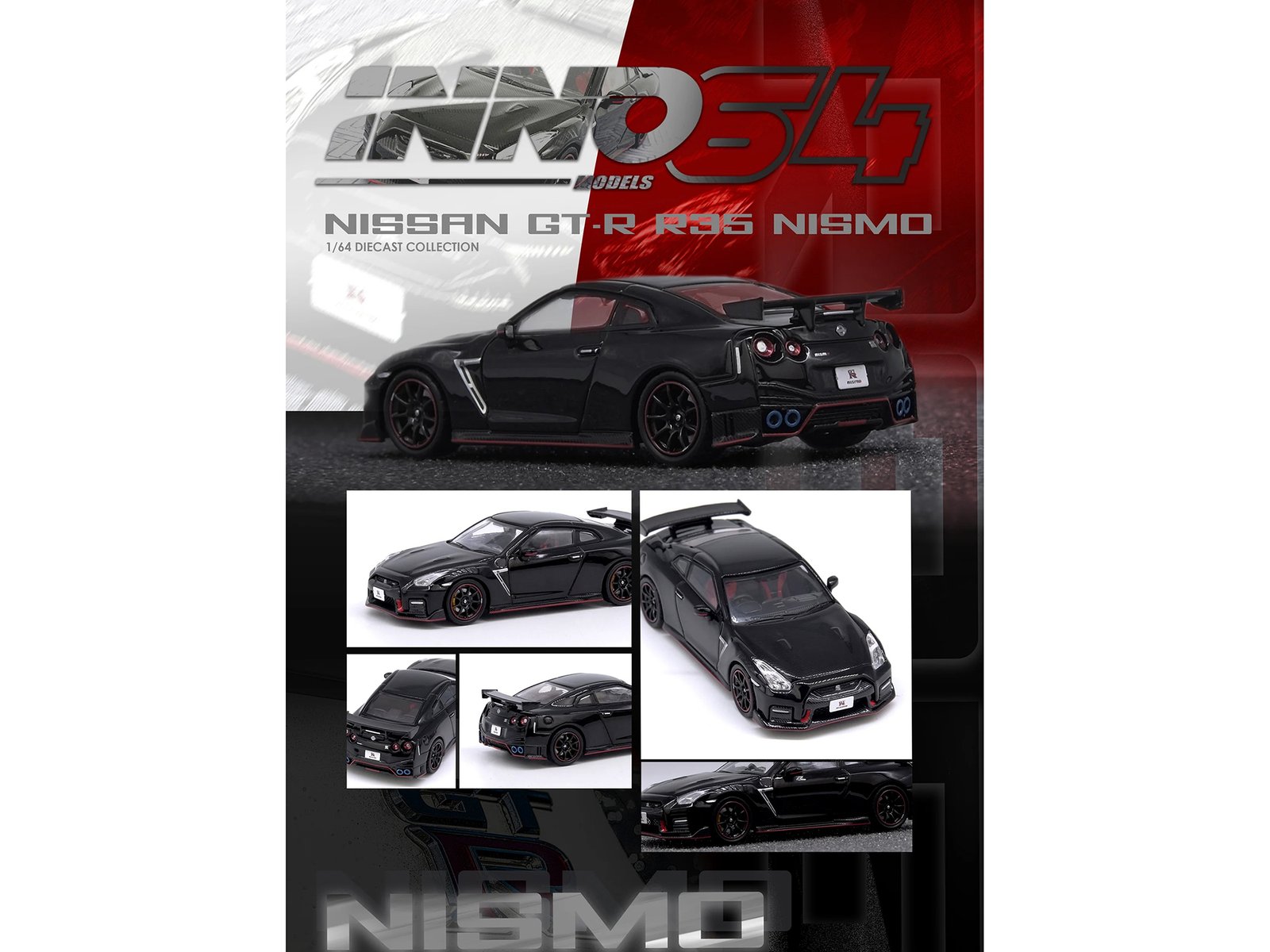 Nissan GT-R (R35) Nismo RHD (Right Hand Drive) Nismo Black with Carbon Hood and Top 1/64 Diecast Model Car by Inno Models view 3