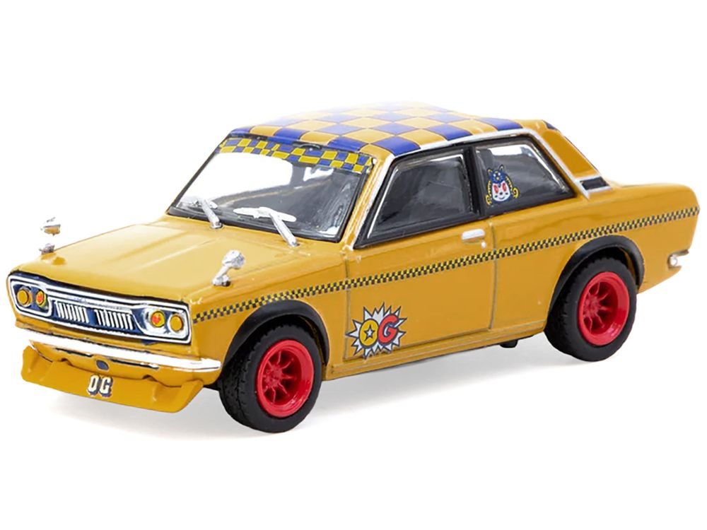 Datsun 510 "OG Beer" Yellow with Checkered Top "Hobby64" Series 1/64 Diecast Model Car by Tarmac Works view 2