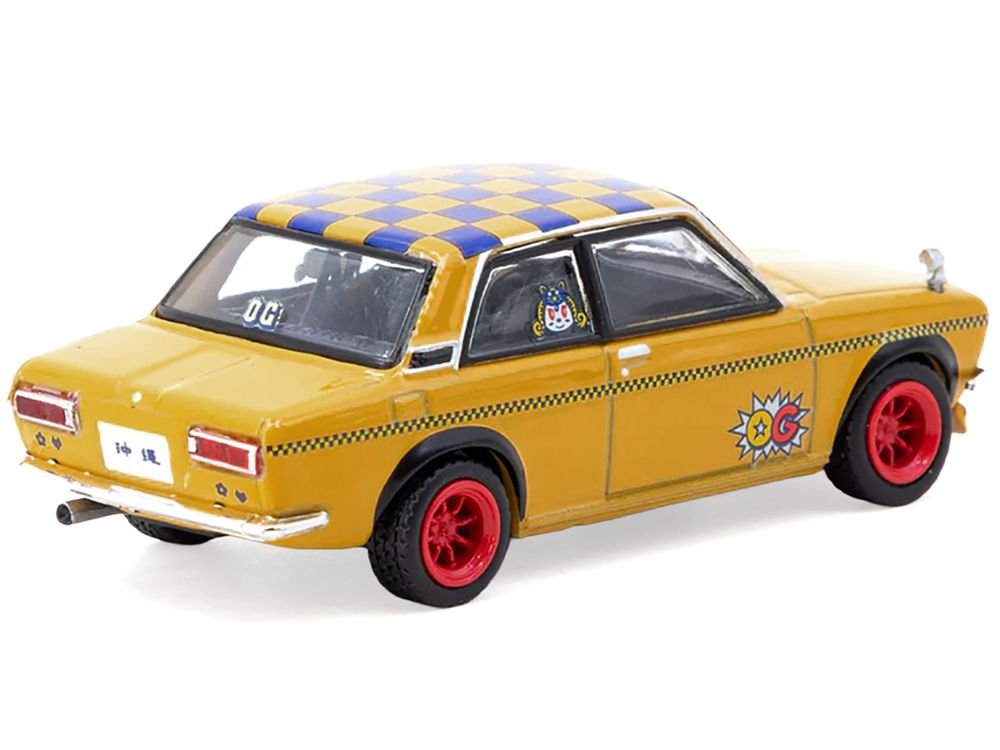 Datsun 510 "OG Beer" Yellow with Checkered Top "Hobby64" Series 1/64 Diecast Model Car by Tarmac Works view 3