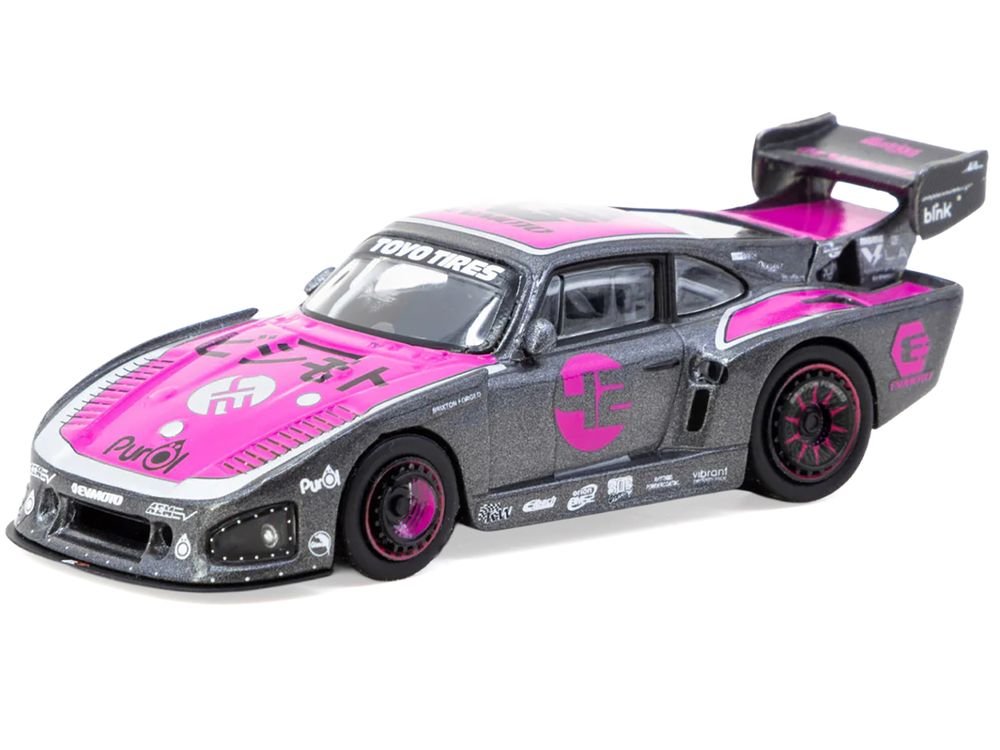Porsche 935 K3V Bisimoto Gray Metallic with Pink Hood and Top with Tarmac Cards "Hobby64" Series 1/64 Diecast Model by Tarmac Works view 2