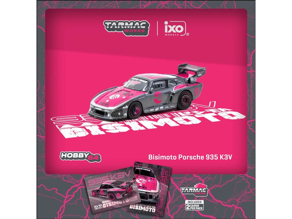 Porsche 935 K3V Bisimoto Gray Metallic with Pink Hood and Top with Tarmac Cards "Hobby64" Series 1/64 Diecast Model by Tarmac Works view 3
