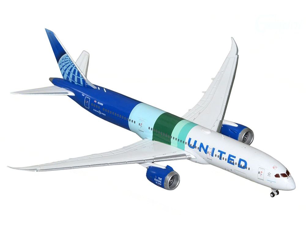 Boeing 787-9 Commercial Aircraft "United Airlines - The Future is SAF" (N24988) White and Blue with Stripes 1/400 Diecast Model Airplane by GeminiJets view 2