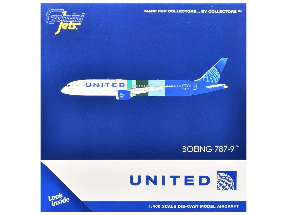 Boeing 787-9 Commercial Aircraft "United Airlines - The Future is SAF" (N24988) White and Blue with Stripes 1/400 Diecast Model Airplane by GeminiJets view 3