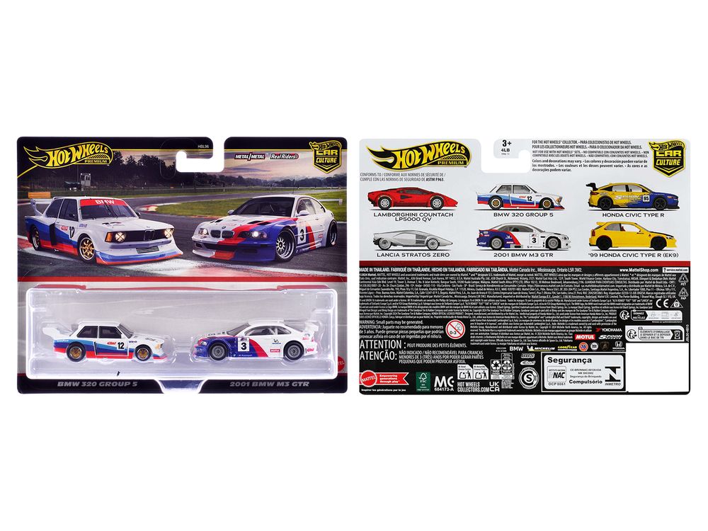 BMW 320 Group 5 #12 White with Stripes and 2001 BMW M3 GTR #3 White with Stripes "Car Culture" Set of 2 Cars Diecast Model Cars by Hot Wheels view 3