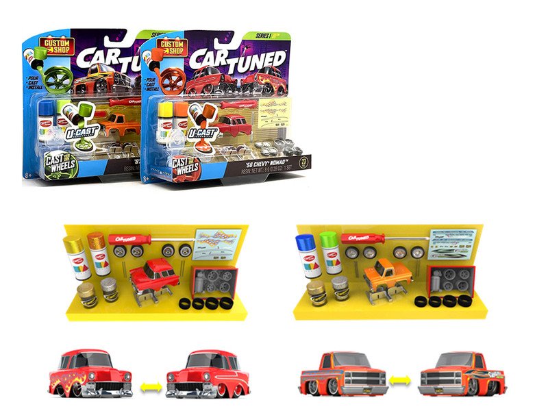 1987 Chevrolet C10 Pickup Truck Orange and 1956 Chevrolet Nomad Red "Custom Shop" 2 Car Set Diecast Model Cars by CarTuned view 2