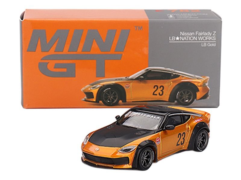 Nissan Fairlady Z #23 "LB-NATION WORKS" LB Gold Metallic with Matt Black Hood and Black Top Limited Edition 1/64 Diecast Model Car by Mini GT view 4