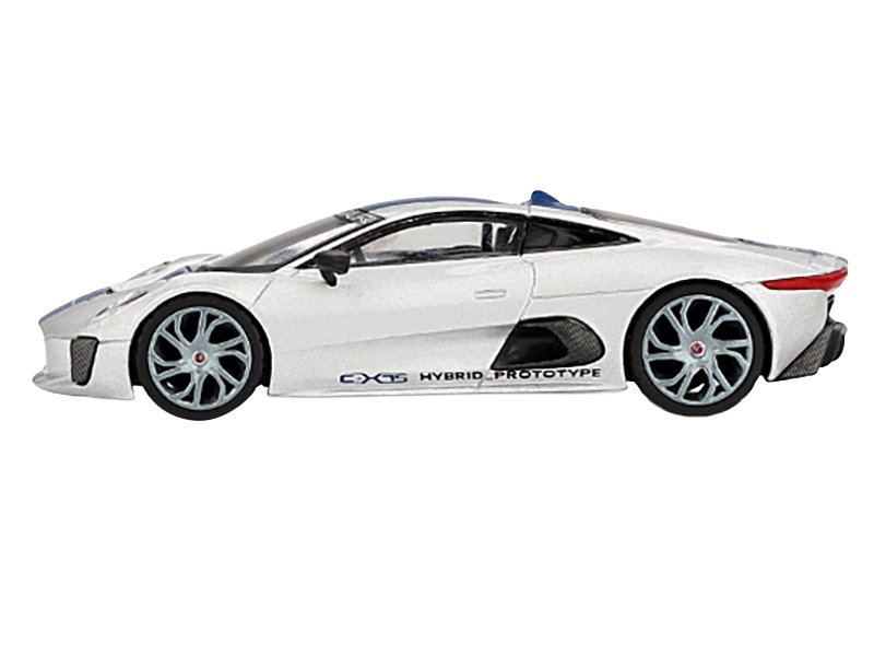 Jaguar C-X75 Silver Metallic with Blue Stripes Limited Edition 1/64 Diecast Model Car by Mini GT view 2
