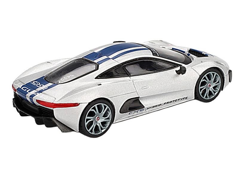 Jaguar C-X75 Silver Metallic with Blue Stripes Limited Edition 1/64 Diecast Model Car by Mini GT view 3