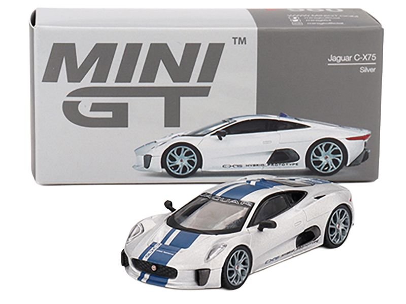Jaguar C-X75 Silver Metallic with Blue Stripes Limited Edition 1/64 Diecast Model Car by Mini GT view 4