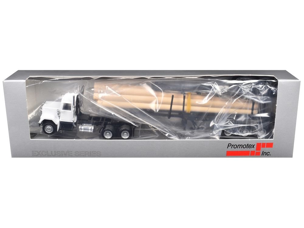 GMC Super B Log Truck and Trailer White with Log Accessories 1/87 (HO) Plastic Model Car by Promotex