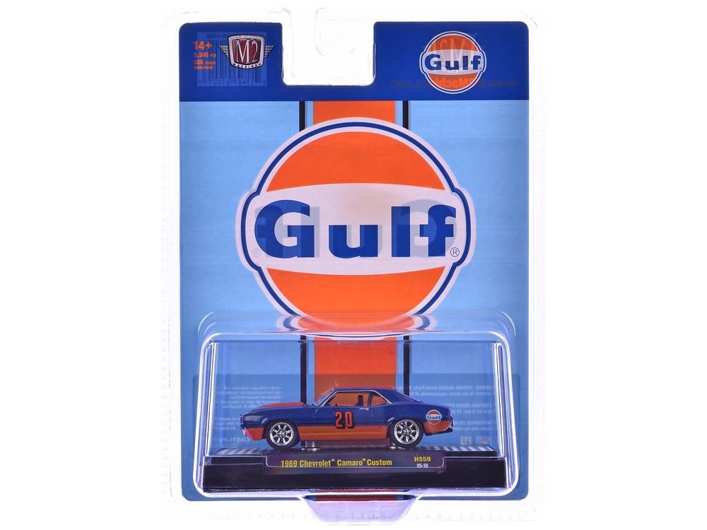 1969 Chevrolet Camaro Custom #20 "Gulf Oil" Dark Blue and Orange Limited Edition to 5500 pieces Worldwide 1/64 Diecast Model Car by M2 Machines view 3
