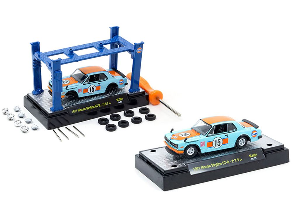 1971 Nissan Skyline GT-R RHD (Right Hand Drive) #15 "Gulf Oil" Light Blue and Orange "Auto-Lifts" Series Limited Edition to 3300 pieces Worldwide 1/64 Diecast Model Car by M2 Machines view 2