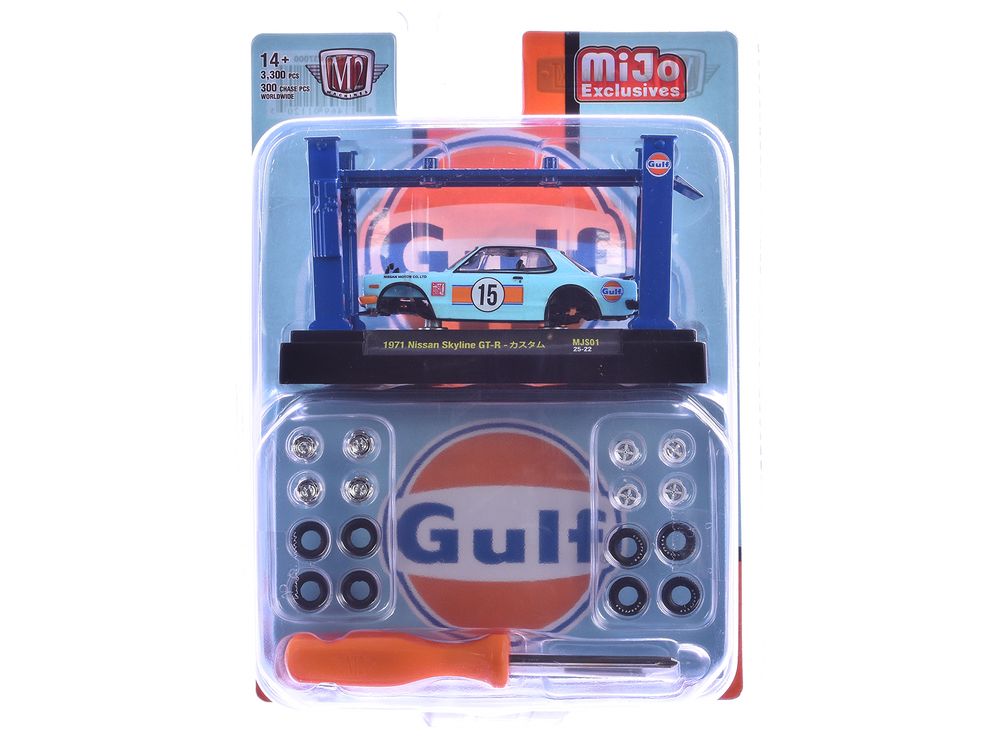 1971 Nissan Skyline GT-R RHD (Right Hand Drive) #15 "Gulf Oil" Light Blue and Orange "Auto-Lifts" Series Limited Edition to 3300 pieces Worldwide 1/64 Diecast Model Car by M2 Machines view 3