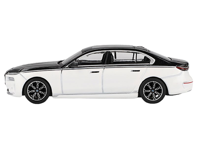 BMW i7 xDrive60 Dravit Alpine White and Black Sapphire Limited Edition 1/64 Diecast Model Car by Mini GT view 2