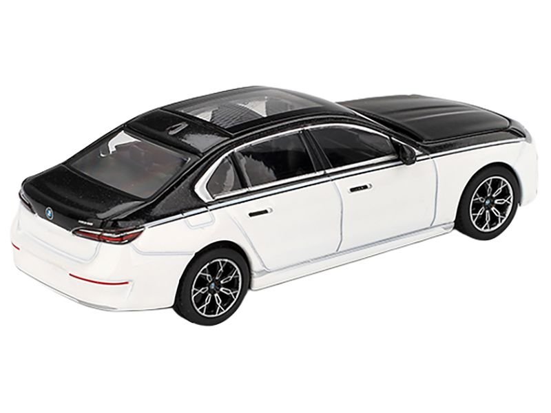 BMW i7 xDrive60 Dravit Alpine White and Black Sapphire Limited Edition 1/64 Diecast Model Car by Mini GT view 3