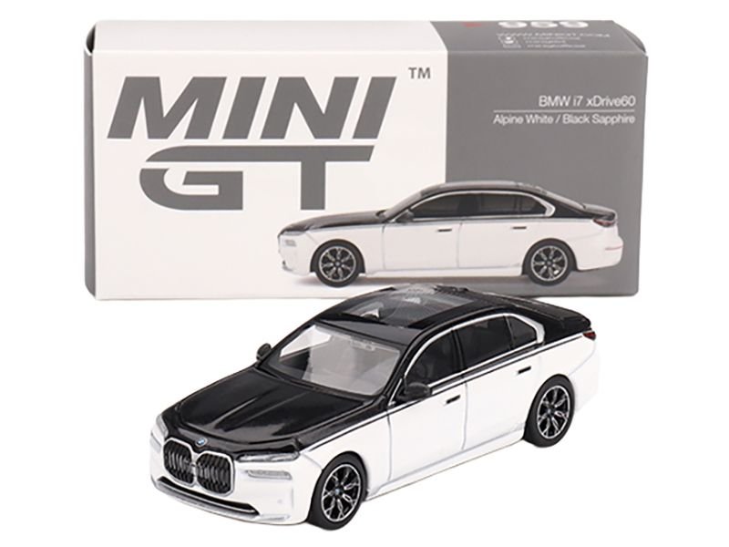BMW i7 xDrive60 Dravit Alpine White and Black Sapphire Limited Edition 1/64 Diecast Model Car by Mini GT view 4