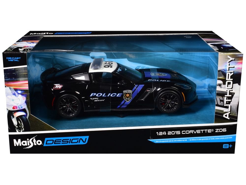 2015 Chevrolet Corvette Z06 "Police" Black with Blue Stripes and White Top "Maisto Design Authority" Series 1/24 Diecast Model Car by Maisto view 3