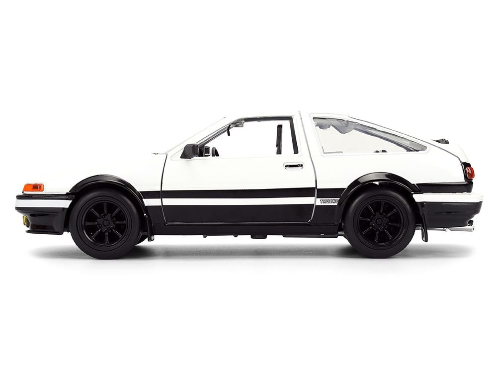 Toyota Trueno (AE86) RHD (Right Hand Drive) White and Black with Graphics and Takumi Diecast Figure "Initial D" (1998-2021) TV Series "Anime Hollywood Rides" Series 1/24 Diecast Model by Jada view 4